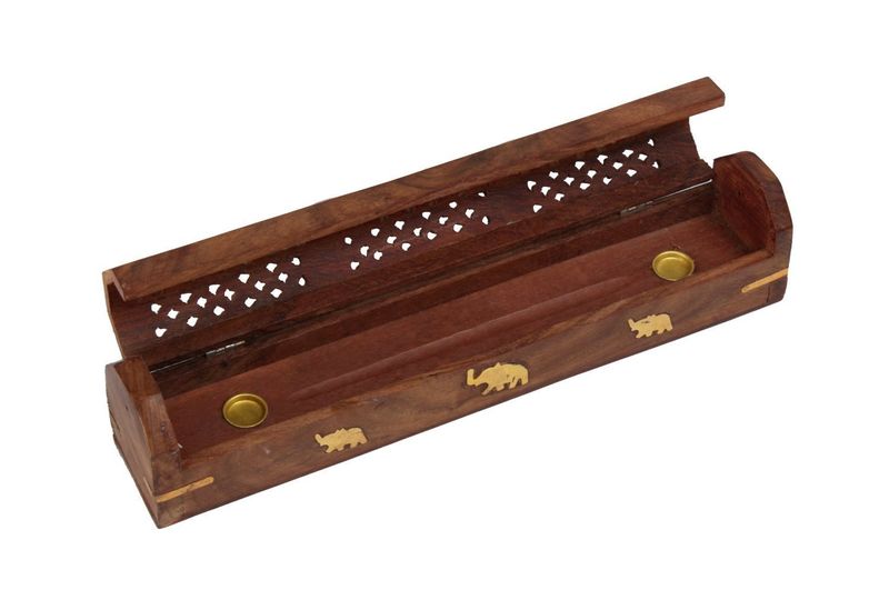 Handmade Wooden &amp; Brass incense sticks &amp; Cone Burner Coffin Box - Elephants