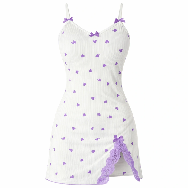 Lace Bow Suspender Nightgown - White And Purple