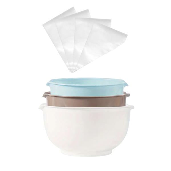 Modern 3 Piece Mixing Bowl Set with 300 Disposable Piping Bags