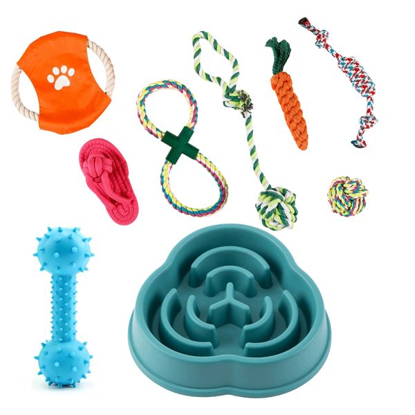 Mix Box 9 Pieces Small Dog Toy Set With Rope Toy, Slow Feeding Plate, Chew Toy
