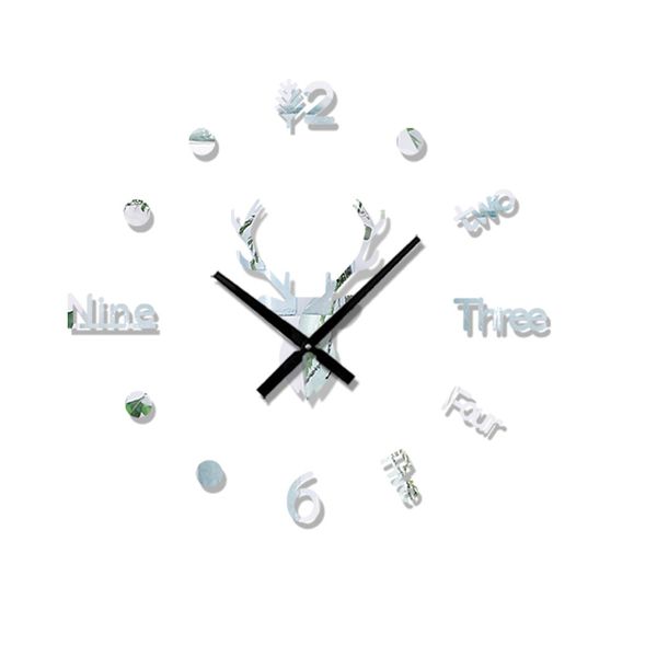 3D Deer Head Mirror Sticker DIY Large Acrylic Wall Clock-Silver