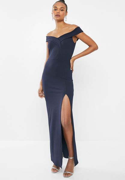 Women's Missguided Bardot Wrap Front Split Maxi Dress - Navy