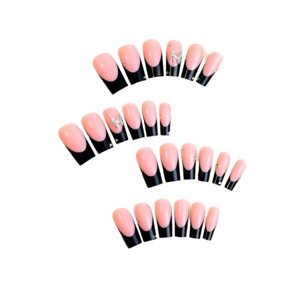 24pcs Coffin Shaped 3D Butterfly French Tip Nails Set / Press-On Nails