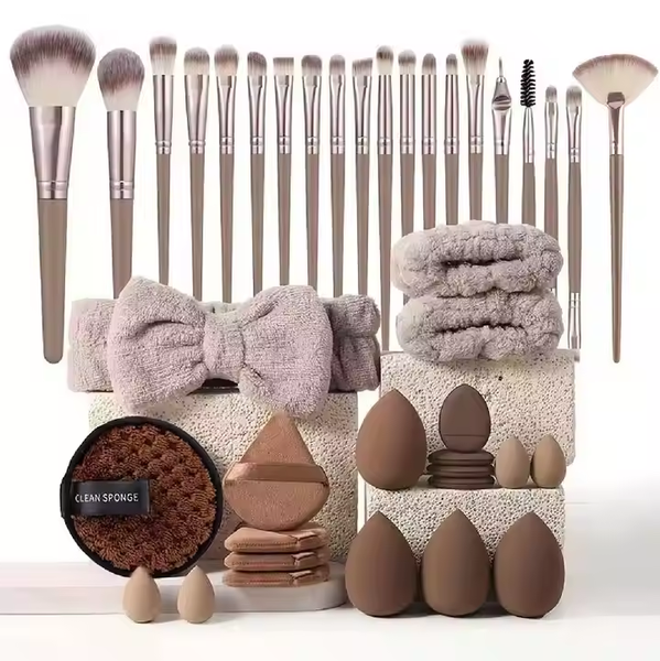 20-Piece Brown Makeup Brush &amp; Sponge Set-Luxury Makeup Kit