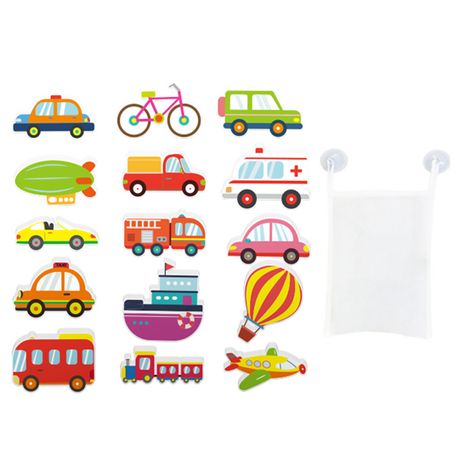 15 Piece Bathtub Stickers Floating Vehicles Bath Set for Toddlers Storage Bag Image