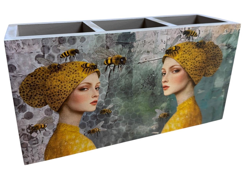 Cutlery/Stationery Holder - Bees &amp; Yellow Dressed Honeycomb Lady