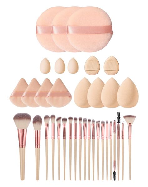 20 Piece Makeup Brush Kit With Beauty Blenders &amp; Powder Puffs - Beige/Pink