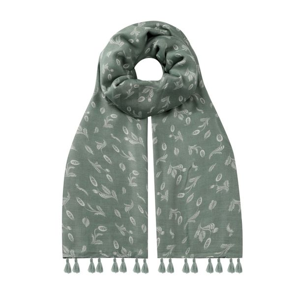 SoGood-Candy - Scarf - Sage Green Leaves with Tassels