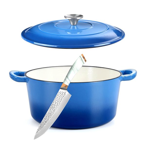 2 Piece - 22cm Medium Size Enamel Non-stick Round Cast Iron Pot with Knife