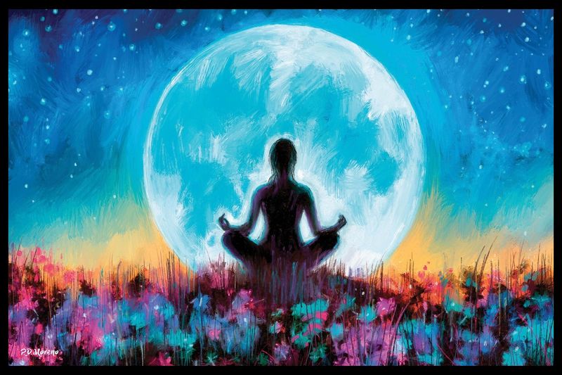 PD Moreno - Moon Yoga Poster with Black Frame
