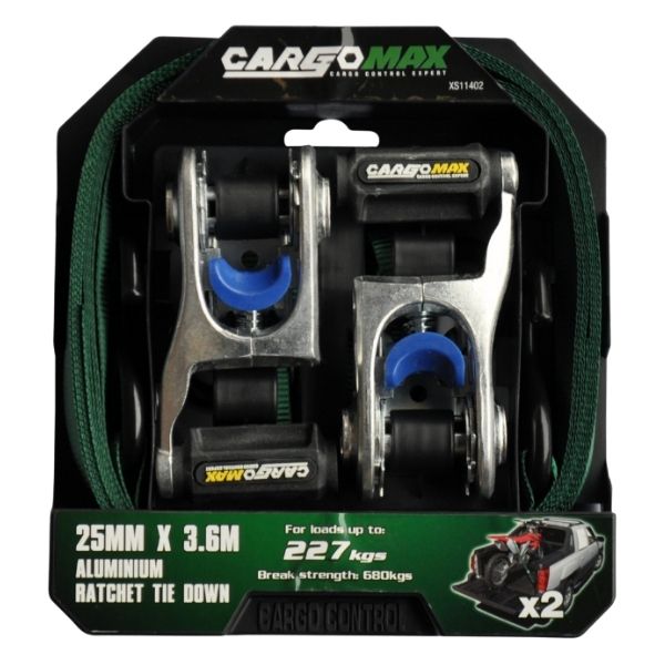 Cargomax - Tie Down Ratchet Strap S-Hook 25mm x 3.6m - 2 Piece