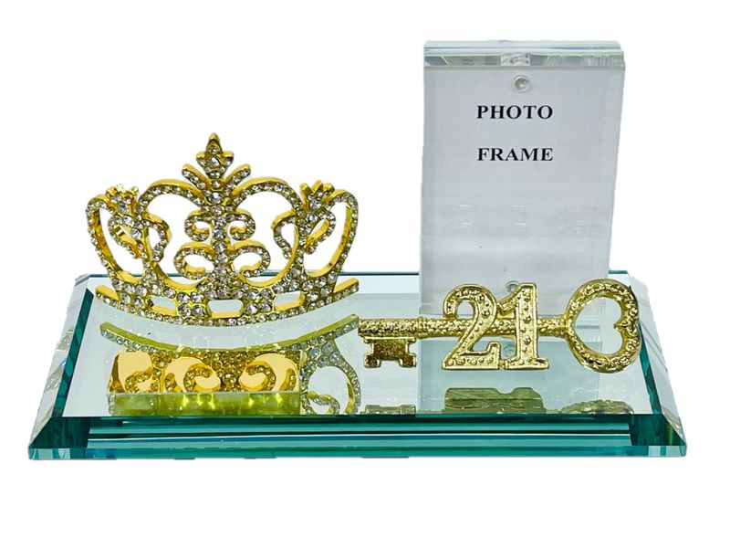 21st key Diamante Queens Crown, (Gold) Large on mirror base &amp; frame