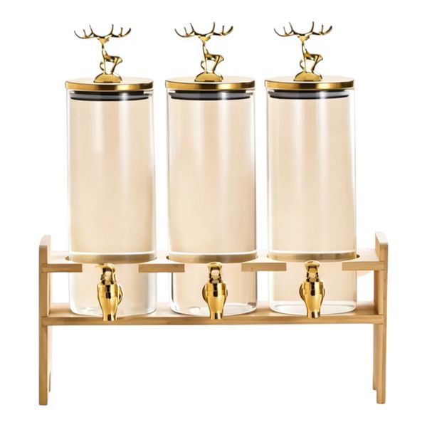 YJA-279-3-Tank Gold Spigot Glass Drink Dispenser Rack With Elk Decor Lids