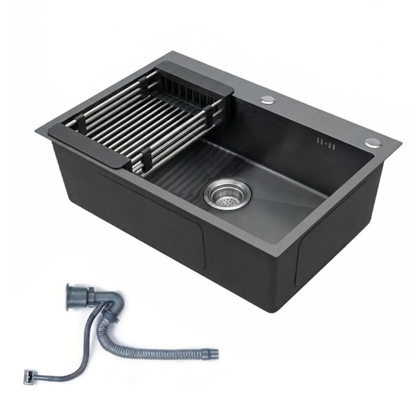 Stainless Steel Black Single Basin Kitchen Sink with Hose and Drain Basket