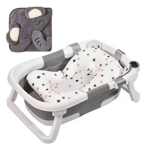 Baby Foldable Bathtub Shower Holder Pillow Pad Thermometer &amp; Towel