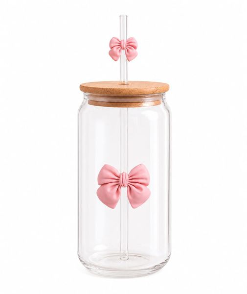 Cute Glass Tumbler with Straw and Bamboo Lid-Bow Detail