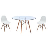 Glass Table and White Wooden Leg Chairs - 3 Piece