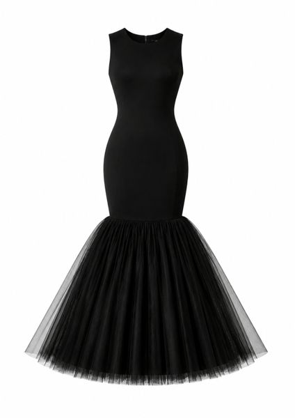 Selphies Black Bow Long Elegant Stretch Tulle Dress