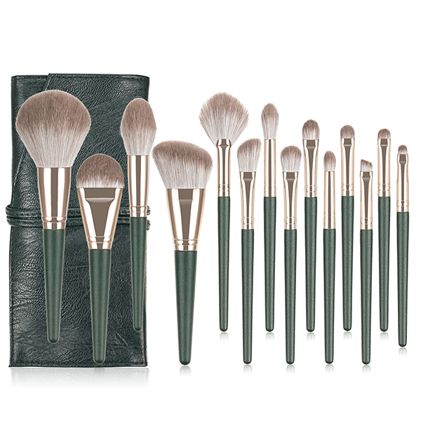 14-Piece Dark Green Brush Set with Pouch