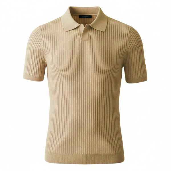 Men's Ribbed Knit Polo Shirt Old Money Knitted Golf Shirts For Men - Taupe