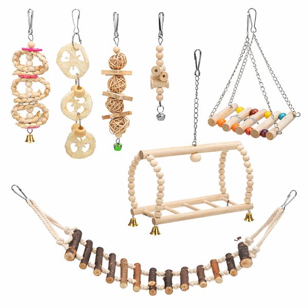 8Piece Bird Toys Set Parrot Swing Parakeet Cage Toys Standing Hanging Bell