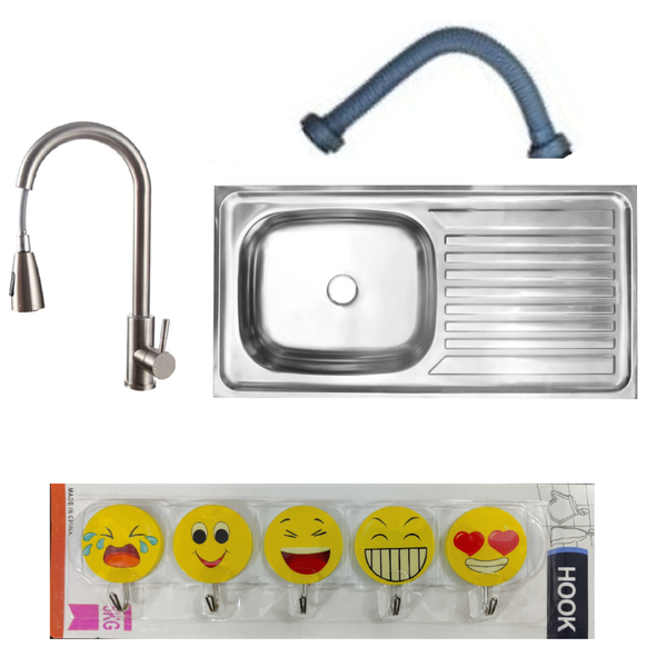 Single Stainless Steel sink With Pull-Out Faucet &amp; Dish Cloth Hooks