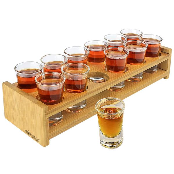 12 piece Shot Glass with Bamboo Holder Set
