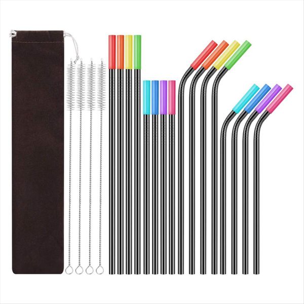 1Set-Stainless Steel Straw Set Silicone Mouth Straw Brush Black