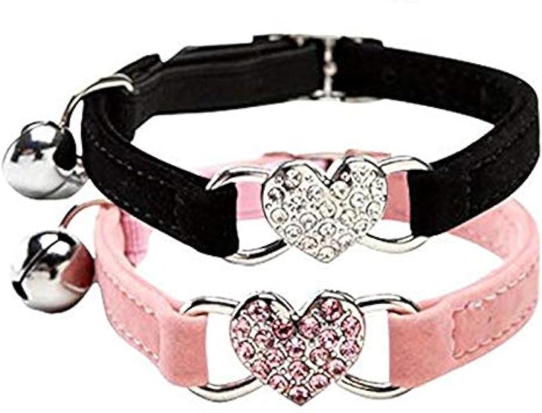 2 Pieces Diamond Cat Collar, Adjustable Heart Bling Cat Collar with Bell