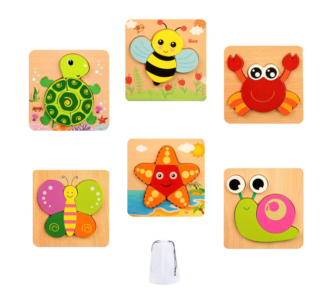 6 Pack Jigsaw Wooden Puzzle Set - Early Toddler Learning Montessori Games