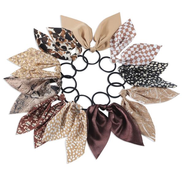 Flower Print Pattern Scarf Hair Ties - Brown
