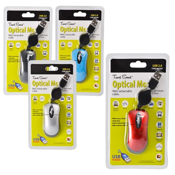 Bulk Pack x 4 Computer Mouse Mini With Retractable Cable