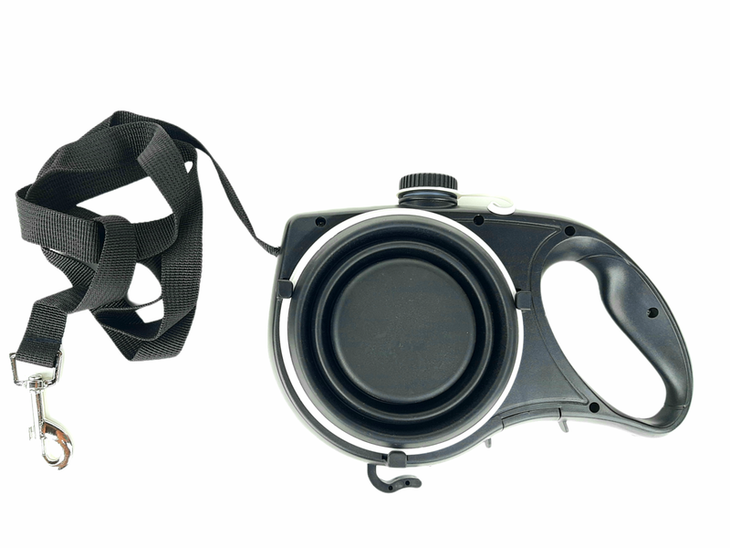 5 in One Dog leash, water container, bag hook, bowl, waste bag dispenser