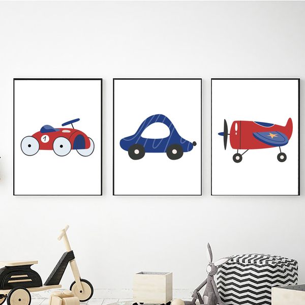 Sc&amp;inavian Transport in Navy Blue &amp; Red - A2 - Canvas (3.5cm ) -Set Of 3