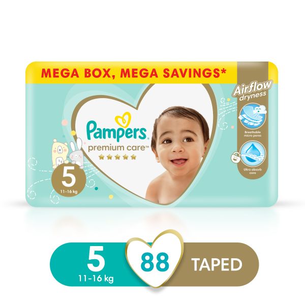 Pampers Premium Care Size 5 (11-16kg) 88 Nappies, Airflow Comfort