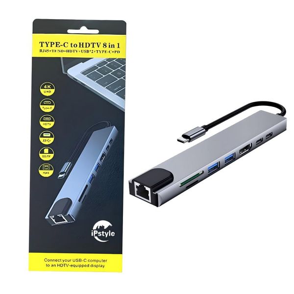 Usb 8 In 1 Hub Adapter Type C 3 1 To 4k HdTV With Sd Tf Rj45 Card Reader