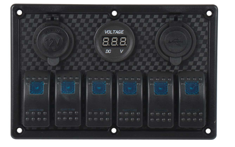 6 Gang Switch Panel with Cigarette Lighter Socket, USB, and Volt Meter