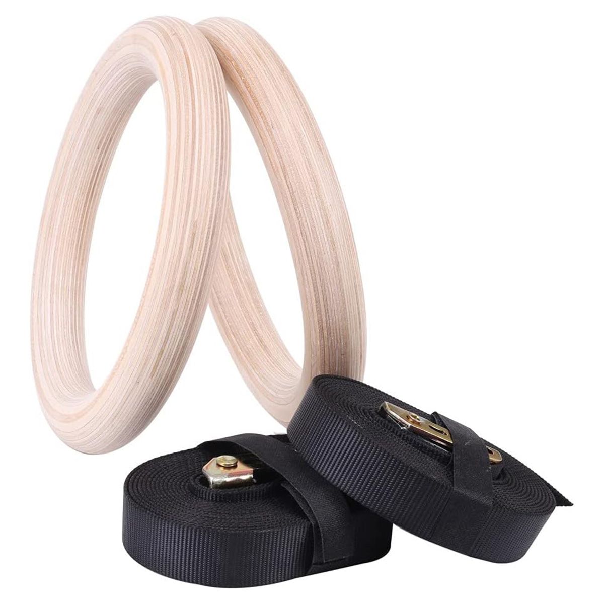 Adjustable Wooden Gymnastics Fitness Rings Buckle Straps Athletic Dip Rings