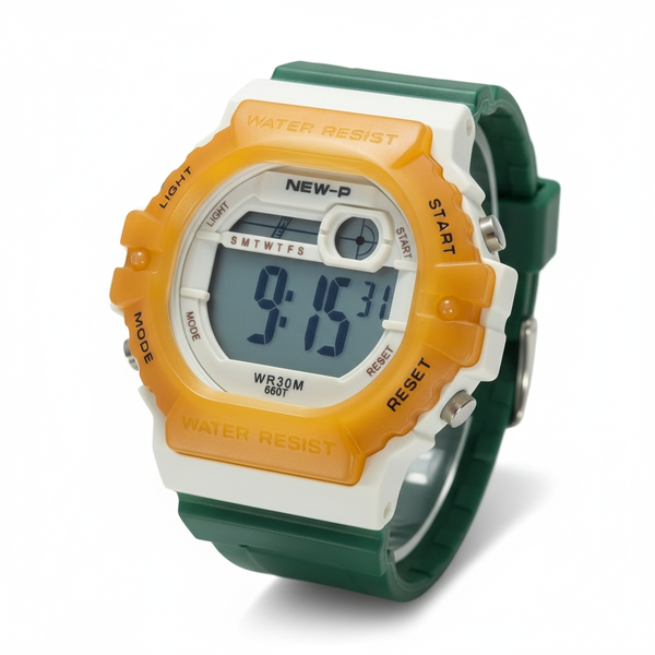 Kids Digital Watch 660T Orange And White With A Green Strap