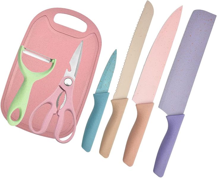 7 Piece Kitchen Knife Set with Chopping Board Rainbow Colour Cook Tools 2packs