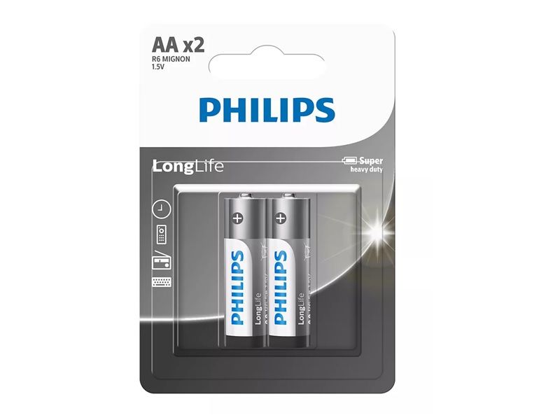 Philips LongLife AA Batteries - 1.5V Zinc Chloride Power Cells (2 Pack)