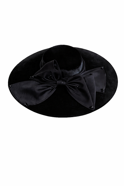 Elegant Black Wide-Brim Felt Hat with Satin Bow Detail-1 x Hat