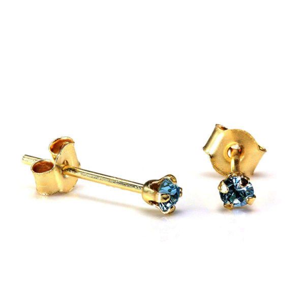 9ct Gold 2mm Round Aquamarine Crystal Stud Earrings