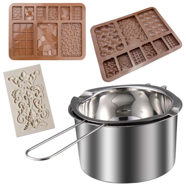 Kitchen Double Boiler Melting Pot &amp; Silicone Chocolate Border Slab Moulds