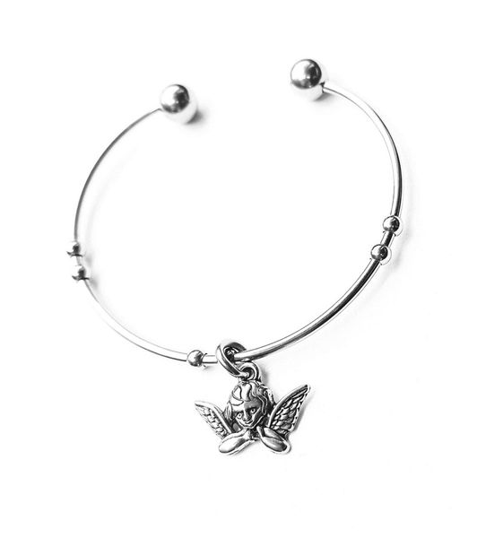 Stainless Steel Cupid Angel Charm On Open End Bangle
