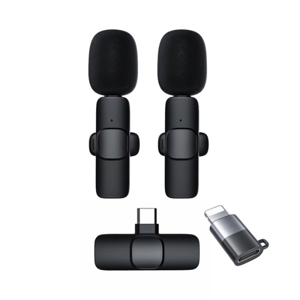 Dual Wireless Lavalier Microphone with C-Type Receiver &amp; Lightning Adapter