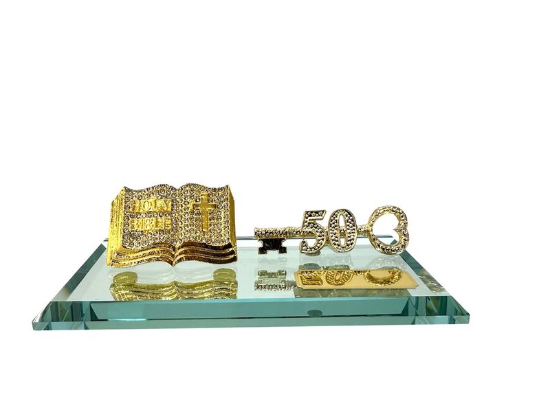 50th Key Diamante Holy Bible on Glass Mirror Base