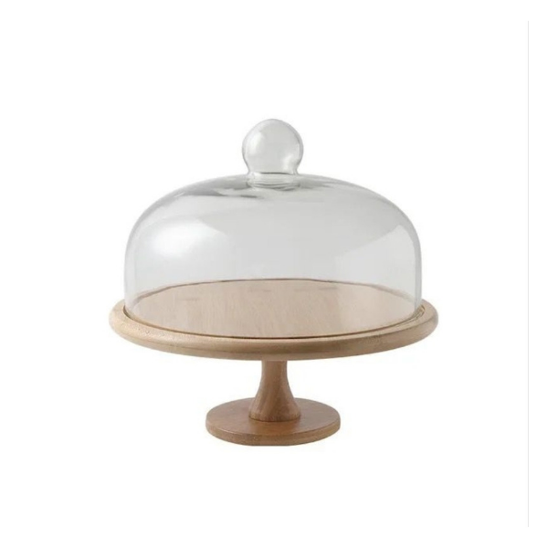 Transparent Glass Cake Dome with Wooden Base