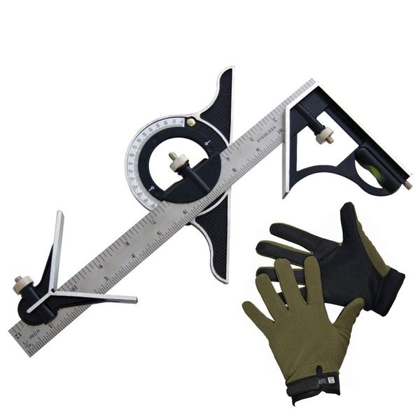 30cm Combination Square Angle Scale Spirit Level Protractor Tool &amp; Gloves