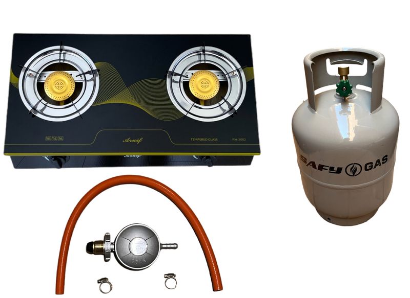 Aruif Two Burner Auto Ignition Tempered Glass Gas Stove &amp; Safy 5Kg Cylinder